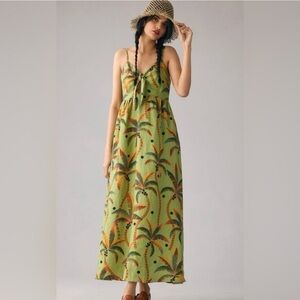 Farm Rio Anthropologie Tie-Front Linen Maxi Dress Green Motif Tropical Medium